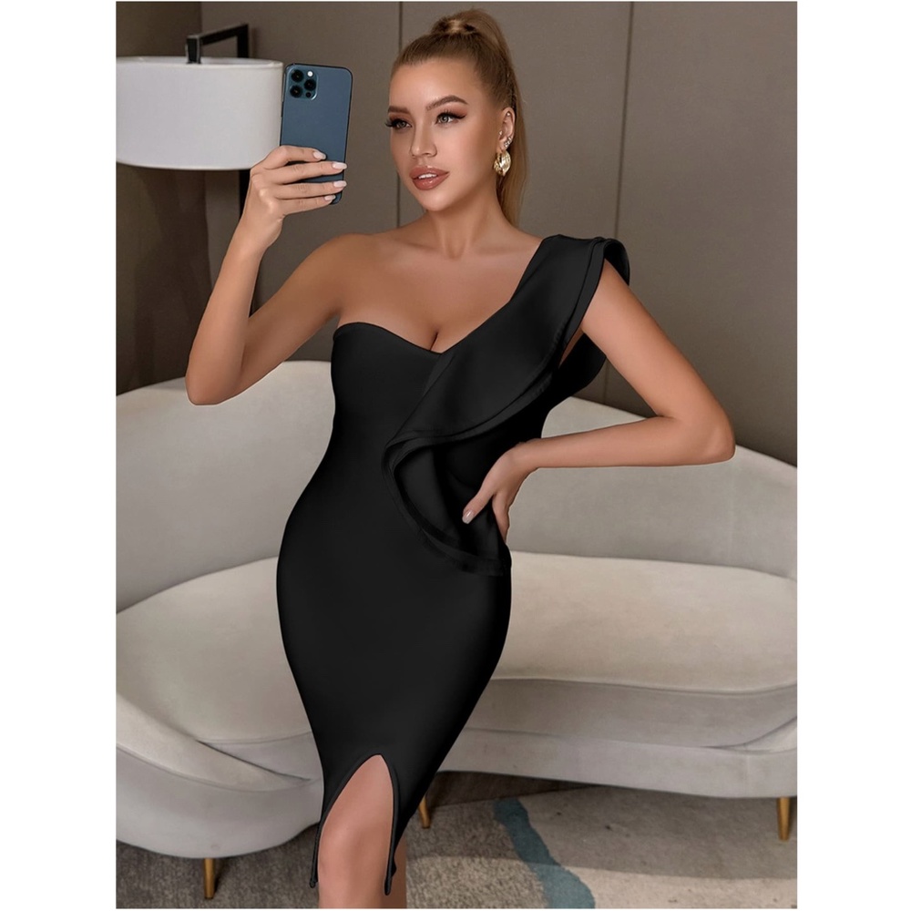 Bandage Flounce High Slit Pencil Black Dress - Picture 8 of 17